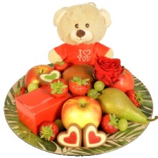 Love fruit plate + chocolate + I love you hug (+ red i love you candles + i love you helium balloon)